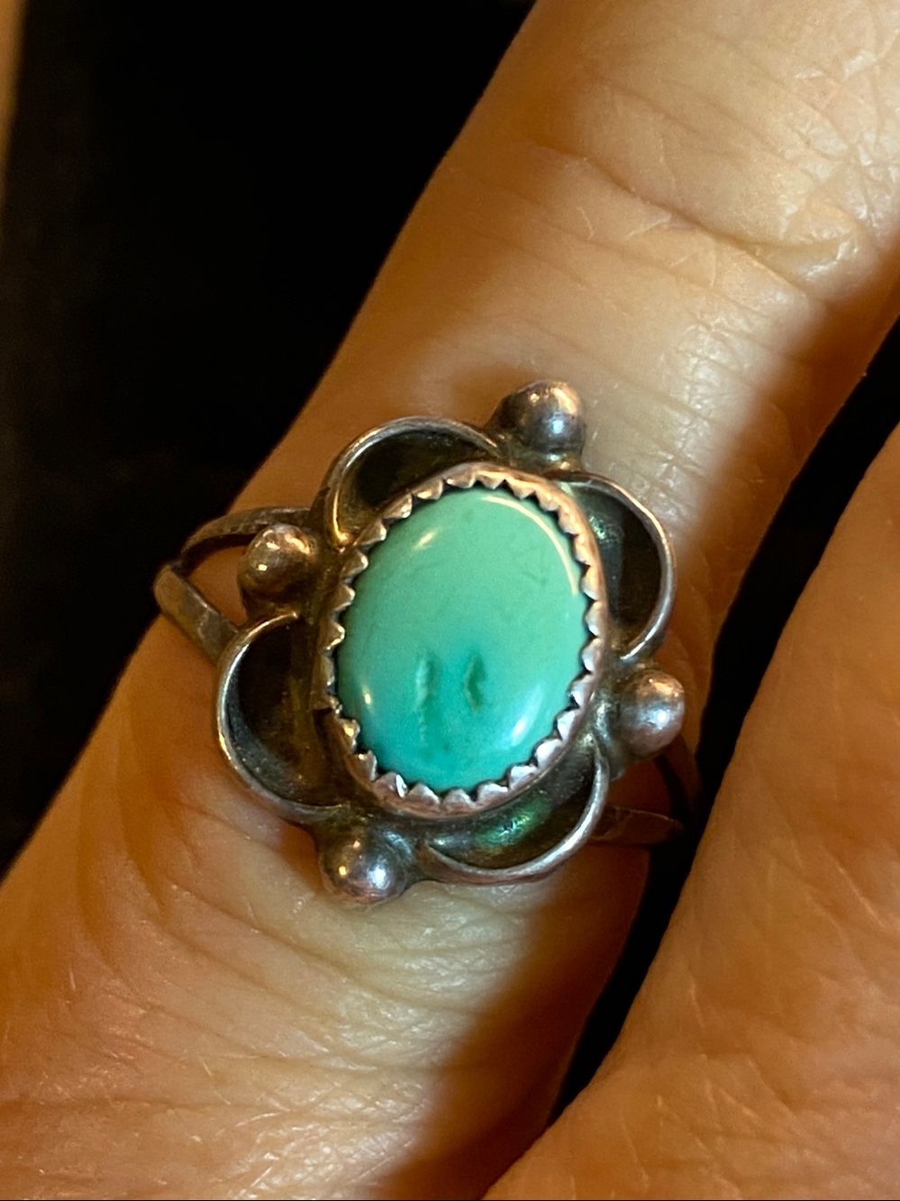 Vintage Native American EO Sterling Silver Turquoise Flower Ring Size 4.75-5